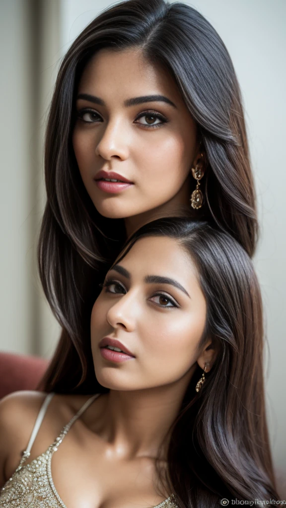 20 years old, Portrait of A confident-looking indian girl long flowing hair, (facing,90 degree to camera, looking at camera) hazel and brown big eyes, sitting on sofa, close up face, beautiful detailed nose, sexy detailed lips, (detailed skin texture), bokeh, perfect composition, hyperrealistic, super detailed, 8k, high quality, trending art, trending on artstation, sharp focus, studio photo, intricate details, highly detailed, art by greg rutkowski, full face visible, 6 feet big ass super sexy Indian girl in bikini.