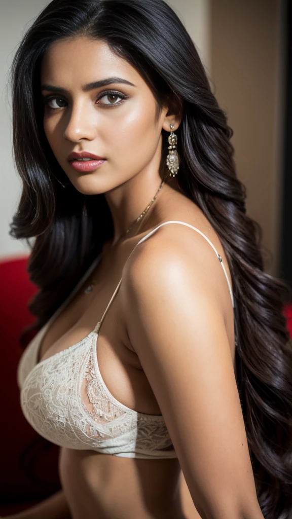 20 years old, Portrait of A confident-looking indian girl long flowing hair, (facing,90 degree to camera, looking at camera) hazel and brown big eyes, sitting on sofa, close up face, beautiful detailed nose, sexy detailed lips, (detailed skin texture), bokeh, perfect composition, hyperrealistic, super detailed, 8k, high quality, trending art, trending on artstation, sharp focus, studio photo, intricate details, highly detailed, art by greg rutkowski, full face visible, 6 feet big ass super sexy Indian girl in bikini.