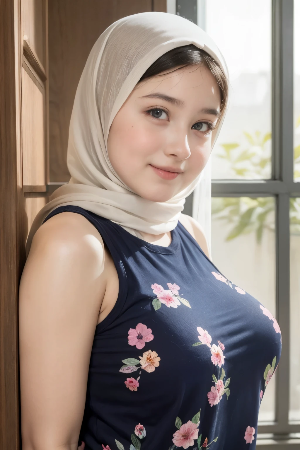 (Singlet), Chubby adorable, 1 girl, (face to face), , baby face, happy, half body portrait, (face details: 1), (eye details: 1), ((big breasts)). wearing transparent transparency soft long shirt, hijab, .. Cute posed. proportional body. Ultra High Res. realistic: 1.4, UHD, (floral pattern), view from side seductive pose