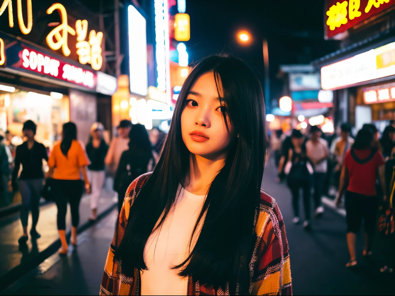 A beautiful woman has Banyan root hair style, wearing a rocker style outfit, standing in the middle of the street, striking a cool pose, on the streets of Yaowarat China town in Thailand, on an empty road, no people., The background is a road with colorful neon signs. in the night, has a follow light shining on her body, wide angle photography, bright colors, high contrast, extreme detailed 32K realistic image, street photo