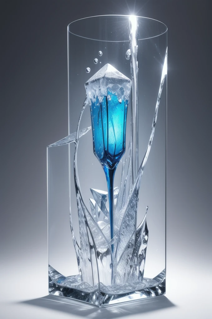 Ice sculpture in flower shape, in the water, bright background, studio lighting,romantic style, glass-like sculptures, frozen movement,high details,expensive style,pop style, high details white and silver tone