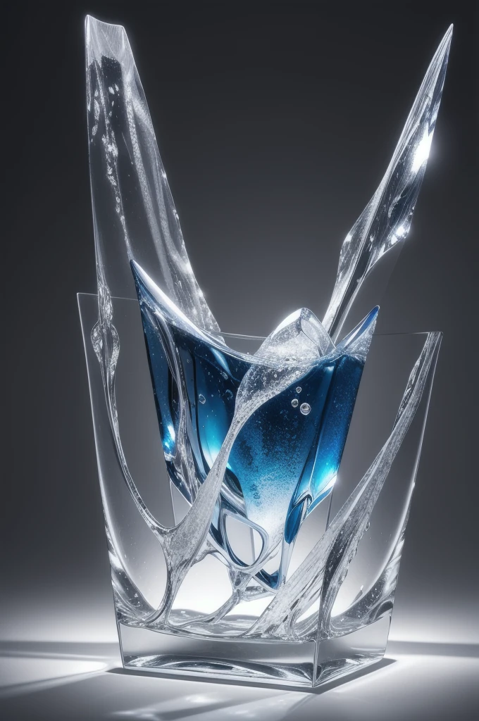 Ice sculpture in flower shape, in the water, bright background, studio lighting,romantic style, glass-like sculptures, frozen movement，high details,expensive style,pop style, high details white and silver tone
