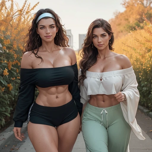 Two women with different natural color hair and race exercising together , Athletic fit bodybuilding muscular 30 year old fitness athlete woman, amazingly long wavy voluminous flowing hair down her back to her thighs, big beautiful green eyes, MANY freckles, muscle tone, wet and glistening from sweat, wearing low-rise oversized sweatpants-shorts, ((( IMPORTANT: and a huge loose baggy oversized low-cut comfy big sweatshirt with ONE wide-neck-hole that goes all around off-shoulder and cleavage in one big swoop 1.3))), very tall socks and cute sneakers, flowers in hair, muscle definition in shoulders and belly, curvy, juicy wide hips, thick thighs, nice big muscular ass, mature gorgeous incredible pretty face, grinning, laughing, many tattoos on her body, jogging in a beautiful flower garden in the mornings, Instagram model, (((small breasts 1.3))), (((birds-eye-view-very-high-camera-looking-down wide-angle-lens and bokeh and incredible colors and professional photographer with a sense of the dynamic and having depth 1.3 ))) k, SFW, abs,photorealistic,super long hair, incredible outfit that makes sense practically and beautifully for an autumn morning when it's sunny but a little windy, , headband, all clothes are one color