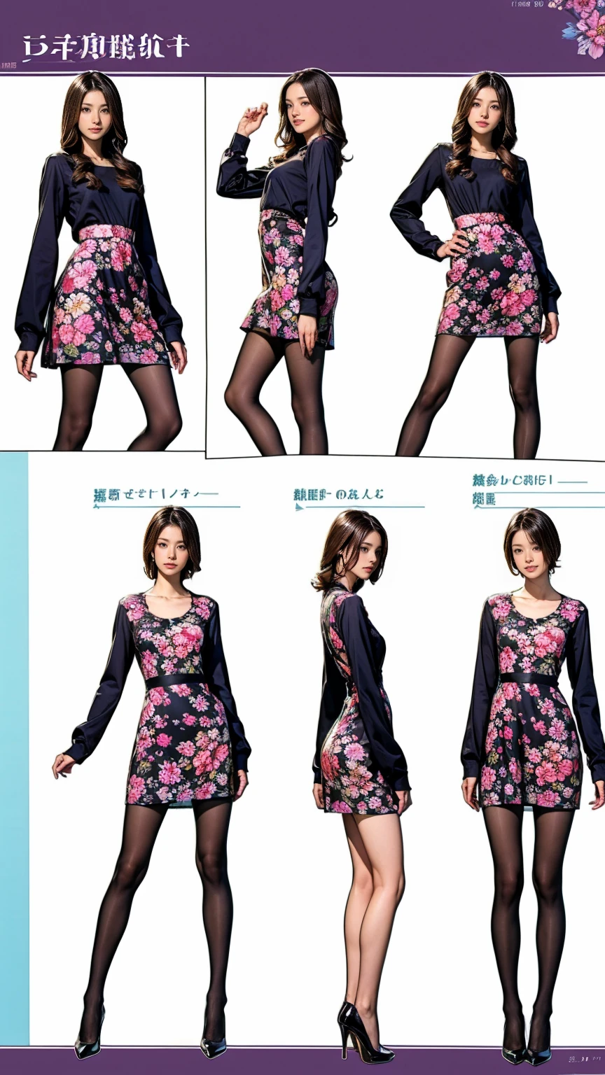 ((masterpiece)),(((Highest quality))),((Character design sheet)),Thin thighs,Long legs,whole body:1.5，(One Girl:1.3),(Black pantyhose and thick pointy heels：1.3),(Wearing a floral dress:1.2),