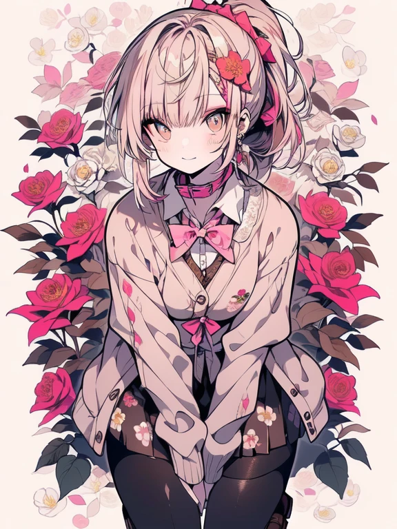 (Masterpiece), (Absurdres), (Best Quality), (Highres), (Perfect Anatomy), (Very Detailliert), (8K), (Strong Outline),
BREAK; 
(Niji), (1Boy). (((Gold Eyes:1.3, Big Eyes, Bad Mood))), ((Seductive Smile)), (((Pale Pink Hair, Bangs:1.5, Ponytail, High Ponytail:1.3, Long Hair:1.5)), (Hair Pin, Many Hair Pin), ((Makeup, Red Eyeliner)), (Slender Body), (((Shirt, White Shirt, Lace Shirt, Lacel:1.5, Sleeves Rolled Up:1.3, Collar, Tie, Brown Bow Tie, Short Tie))), ((Beige Knit Cardigan)), ((Brown Corset Skirt, MiniSkirt)), (((Brown Sheer Pantyhose))), (Thighs:1.1), ((Brown Shoes)), ((Deep Pink Nails)),
BREAK; 
Five Fingers, (((Solo))), (Cowboy Shot), (Portrait), (Medium Shot), (Looking Up), (Hands on Own Knee:1.1), Bent Over, (Looking at Viewer), Slouched Posture, Head Tilt, Dutch Angle, (White BackGround, Flower BackGround:1.1, Floral Print:1.1, Floral BackGround:1.3),