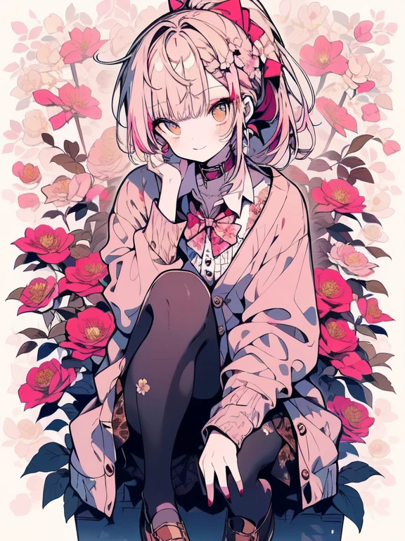 (Masterpiece), (Absurdres), (Best Quality), (Highres), (Perfect Anatomy), (Very Detailliert), (8K), (Strong Outline),
BREAK; 
(Niji), (1Boy). (((Gold Eyes:1.3, Big Eyes, Bad Mood))), ((Seductive Smile, Grin:1.1)), (((Pale Pink Hair, Bangs:1.5, Ponytail, High Ponytail:1.3, Long Hair:1.5)), (Hair Pin, Many Hair Pin), ((Makeup, Red Eyeliner)), (Slender Body), (((Flat Chest:1.5))), (((Shirt, White Shirt, Lace Shirt, Lacel:1.5, Sleeves Rolled Up:1.3, Collar, Tie, Brown Bow Tie, Short Tie))), ((Beige Knit Cardigan)), ((Brown Corset Skirt, MiniSkirt)), (((Brown Sheer Pantyhose))), (Thighs:1.1), ((Brown Shoes)), ((Deep Pink Nails)),
BREAK; 
Five Fingers, v, Wide Mouth:0.9, (((Solo))), (Cowboy Shot), (Portrait), (Medium Shot), (Chest Close-Up), (Looking at Viewer), Slouched Posture, Head Tilt, Dutch Angle, (White BackGround, Flower BackGround:1.1, Floral Print:1.1, Floral BackGround:1.3),