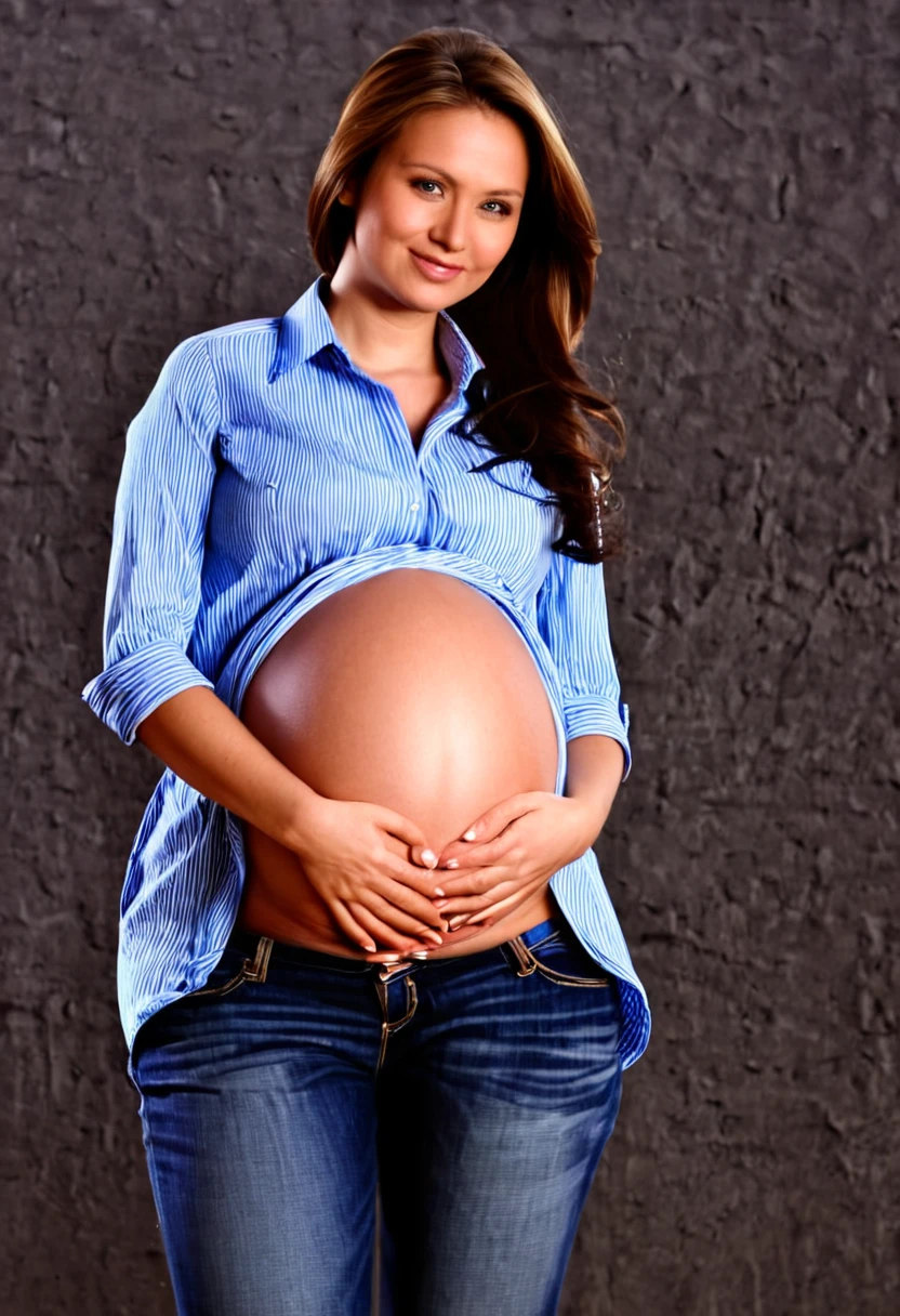 beautiful pregnant woman of 25 years old in shirt and jeans