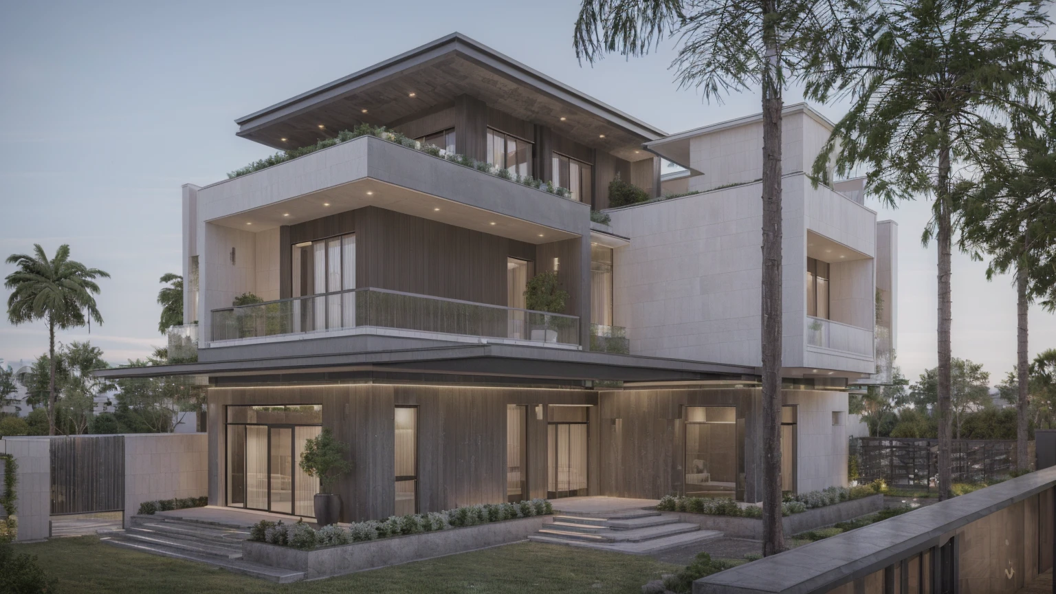 a rendering of a modern house with a balcony and a balcony, exterior design, contemporary house, inter dimensional villa, large modern residence, frontview, residential design, neotraditional modern, architectural concept, concept house, front elevation view, architectural rendering, realistic architecture, wide angle exterior 2022, front view dramatic, all white render, realistic concept
