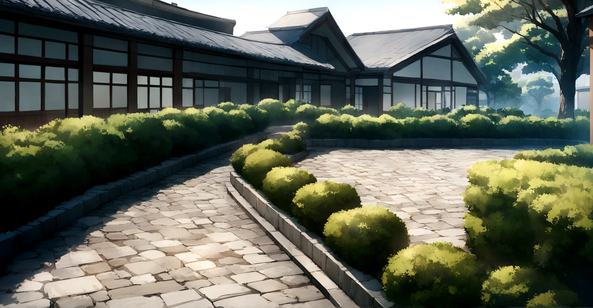 Modern japanese School building, noon, centered, stone paving, make it aesthetic, add few bushes and trees around it,