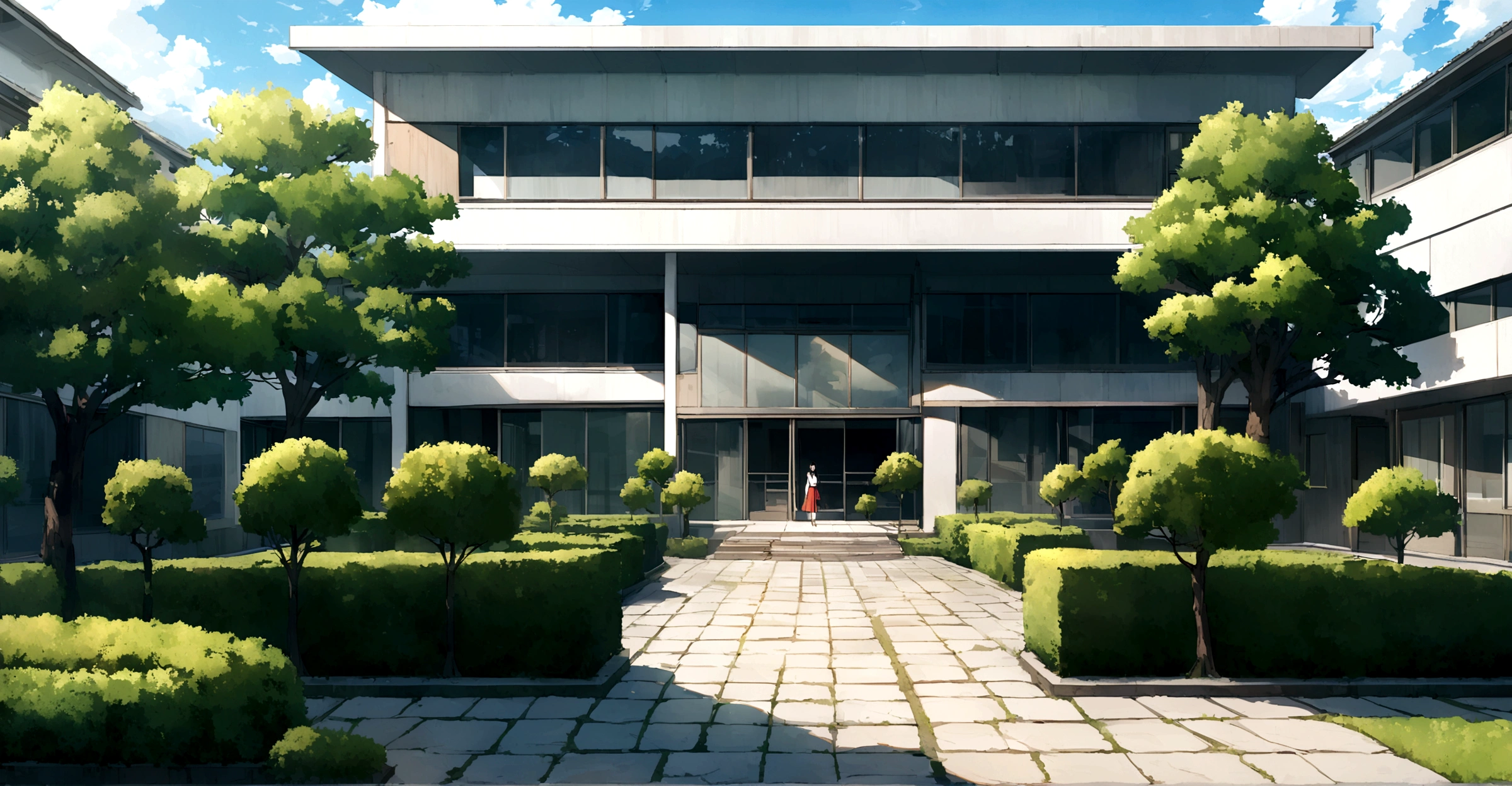 Modern japanese School building, noon, centered, stone paving, make it aesthetic, add few bushes and trees around it,