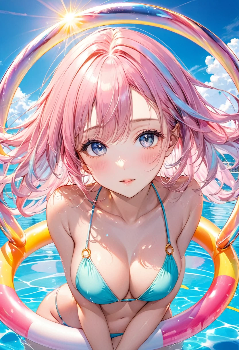 portrait art, best quality, super fine, 16k, 2.5D, delicate and dynamic depiction, swimming pool in a dreamland, beautiful woman in swimsuit floating in floating ring, sunbathing with her arms raised towards the sun, amorous and lewd expression, superlative body proportion, glittering and fluffy effect of pastel and vivid colors