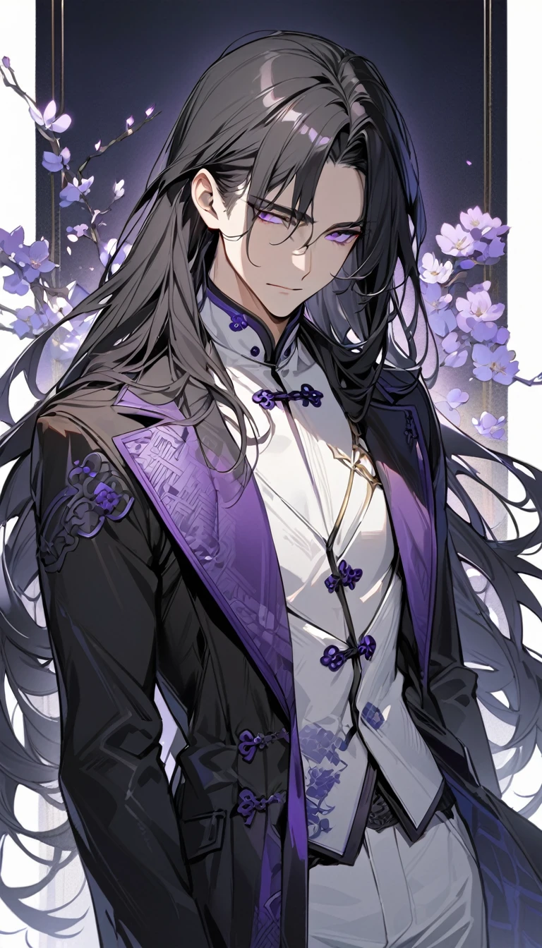 (masterpiece:1.5)，best quality，(1 Handsome and calm man)，alone，black hair，(long hair:1.5), (purple eyes), (cold and distant expression)，perfect face，Fantasy Chinese style，Long black trench coat，Purple cloth，Complex clothing design with Chinese elements，Black leather gloves，white lining，White suit pants，Slightly muscular body，High，8K，Beautiful contrast of light and shadow，purple flower，Dark luxury background，(complete upper body)，Positive face