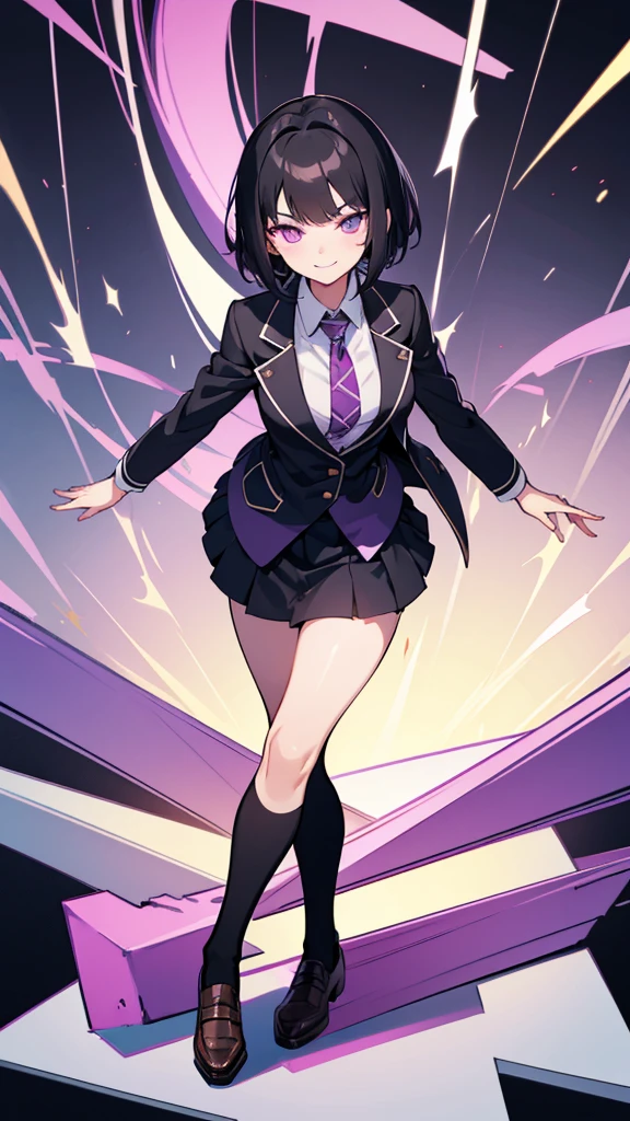 young girl, short black hair, violet eyes, smirk, full body, high quality, 4k, HD, Good detailed, She is wearing a  with a blazer, skirt, and knee-high socks