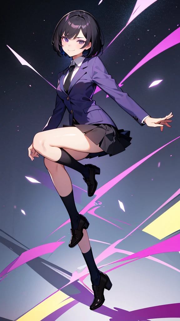 young girl, short black hair, violet eyes, smirk, full body, high quality, 4k, HD, Good detailed, She is wearing a with a blazer, skirt, and knee-high socks