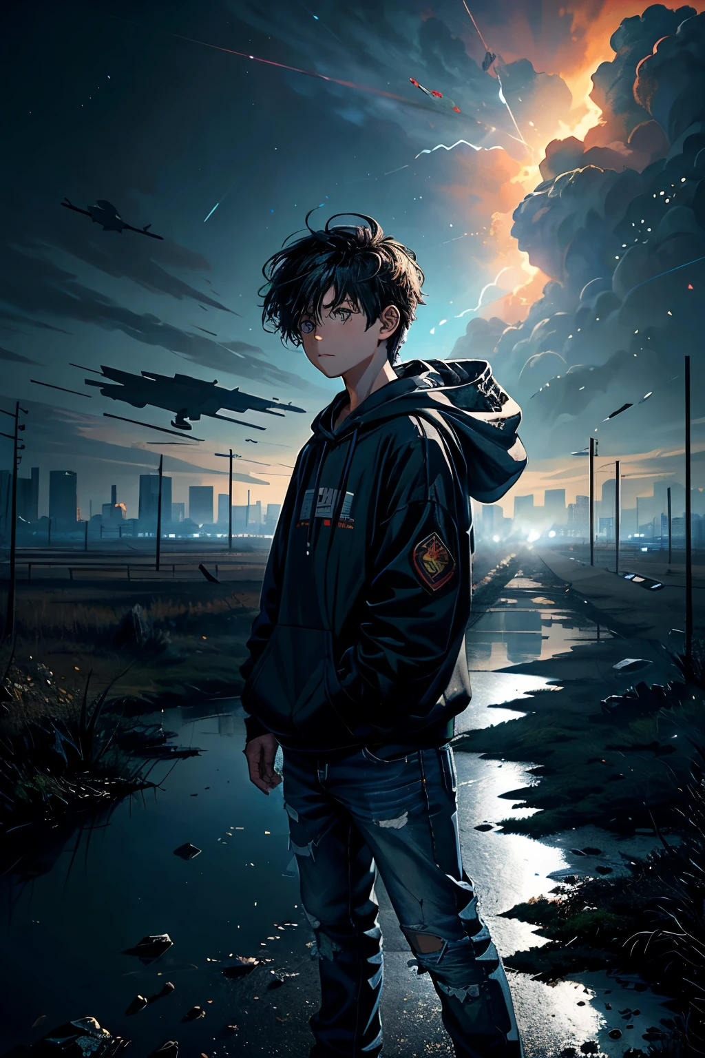 (Masterpiece), Earth-shattering Apocalypse, (Amazing Detail, 4K Aesthetic), Shattered Skies, Debris Falling from Space, (A Boy Standing in the Middle, Fearlessly), Extraordinary Dynamic Lighting, Dark and Brooding Mood, Atmospheric Perspective, (Panoramic View), (High quality, 4K Wallpaper, High Resolution), Gritty Textures, Highly-Detailed Debris, (Close-Up Shot), (Modeled after Documentary Footage), Boy with tousled hair, dressed in a hoodie and jeans, staring up at the falling debris, (Detailed Background: Declining