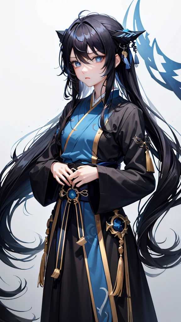1 girl, 18 years old, long black hair, blue eyes, blue hanfu, white skin, cold expression