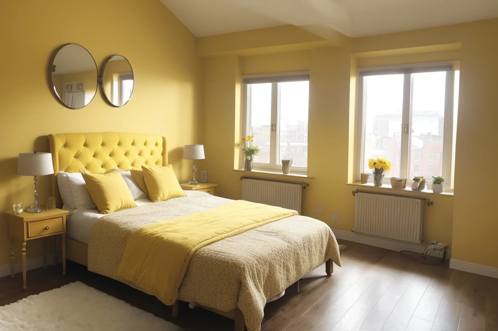 there is a bed with a yellow comforter and a chair in a room, round mirror on the wall, bedroom interior, natural light in room, interior of room, picture of a loft in morning, warm interior, stylish decor, inside of a bedroom, bright daylight indoor photo, an interior of room, brightly lit room, bedroom background, personal room background