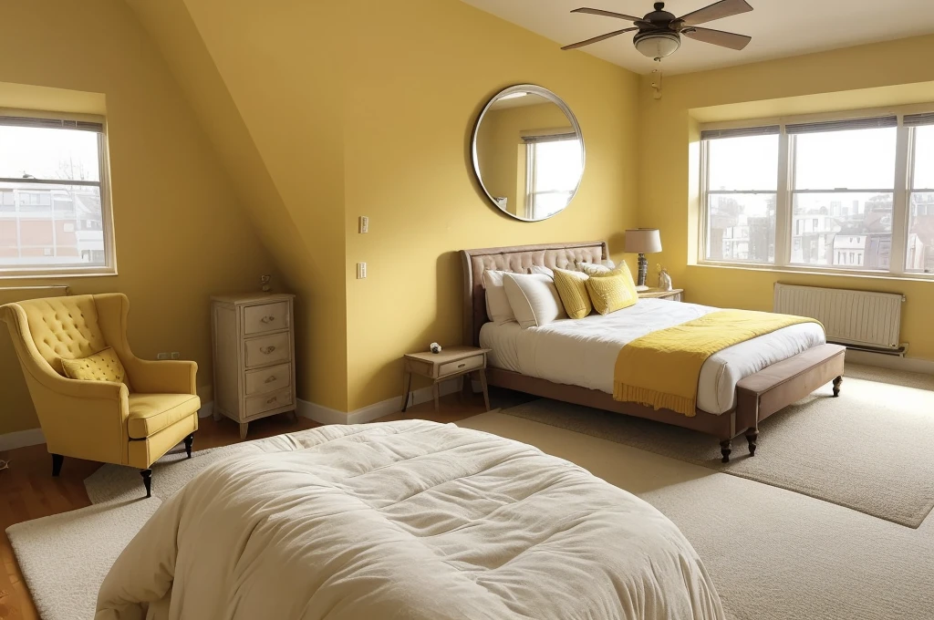there is a bed with a yellow comforter and a chair in a room, round mirror on the wall, bedroom interior, natural light in room, interior of room, picture of a loft in morning, warm interior, stylish decor, inside of a bedroom, bright daylight indoor photo, an interior of room, brightly lit room, bedroom background, personal room background