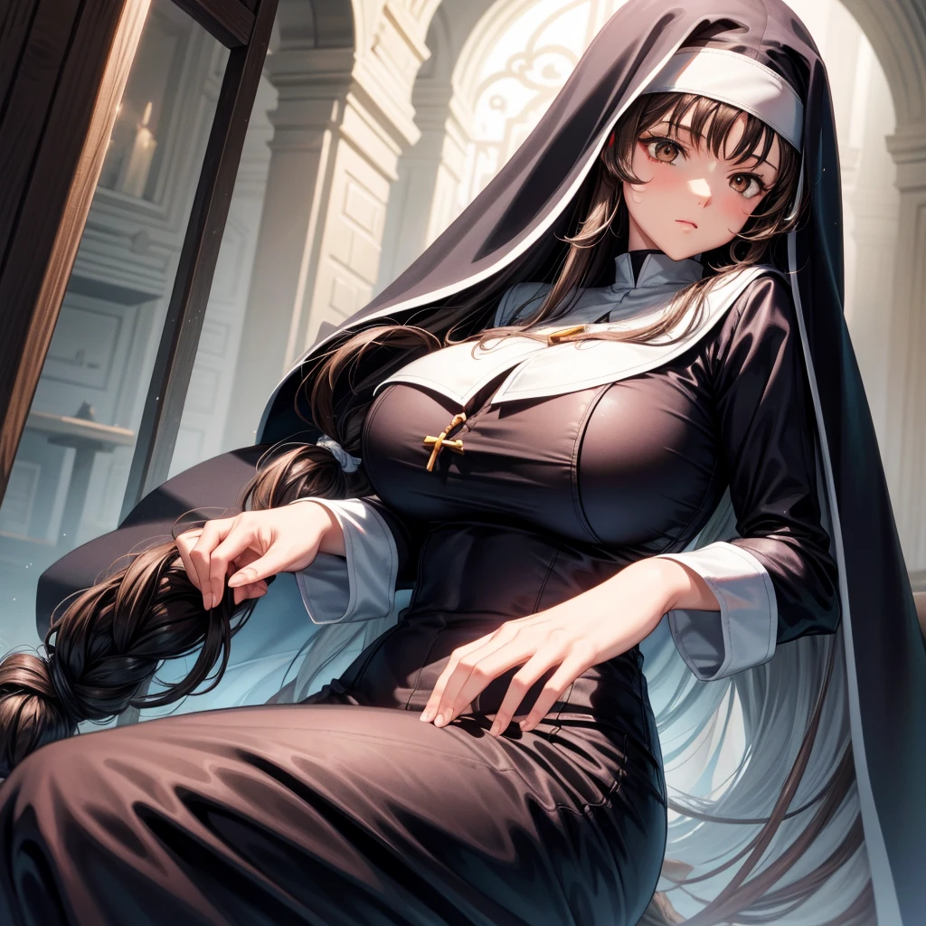 long dark hair / big tits / brown eye / nun outfit