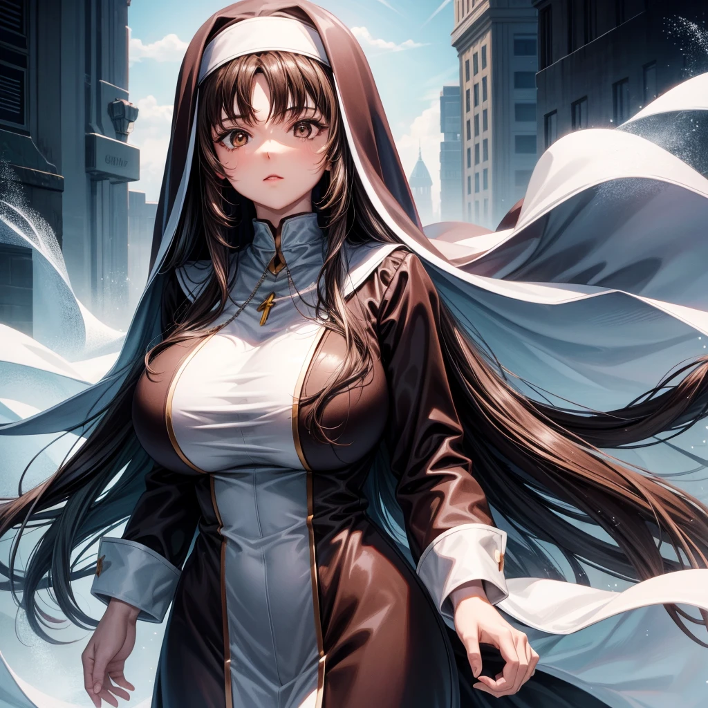 long dark hair / big tits / brown eye / nun outfit