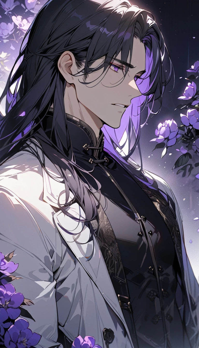 (masterpiece:1.5)，best quality，(1 Handsome and calm man)，alone，black hair，(long hair:1.5), (purple eyes), (cold and distant expression)，perfect face，Fantasy Chinese style，Long black trench coat，Purple cloth，Complex clothing design with Chinese elements，Black leather gloves，white lining，White suit pants，Slightly muscular body，High，8K，Beautiful contrast of light and shadow，purple flower，Dark luxury background，(complete upper body)，Positive face