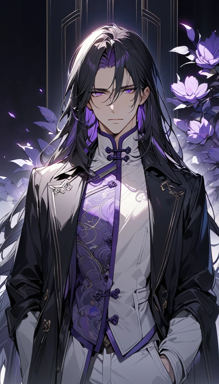 (masterpiece:1.5),best quality,(1 Handsome and calm man),alone,black hair,(long hair:1.5), (purple eyes), (cold and distant expression),perfect face,Fantasy Chinese style,Long black trench coat,Purple cloth,Complex clothing design with Chinese elements,Black leather gloves,white lining,White suit pants,Slightly muscular body,High,8K,Beautiful contrast of light and shadow,purple flower,Dark luxury background,(complete upper body),Positive face