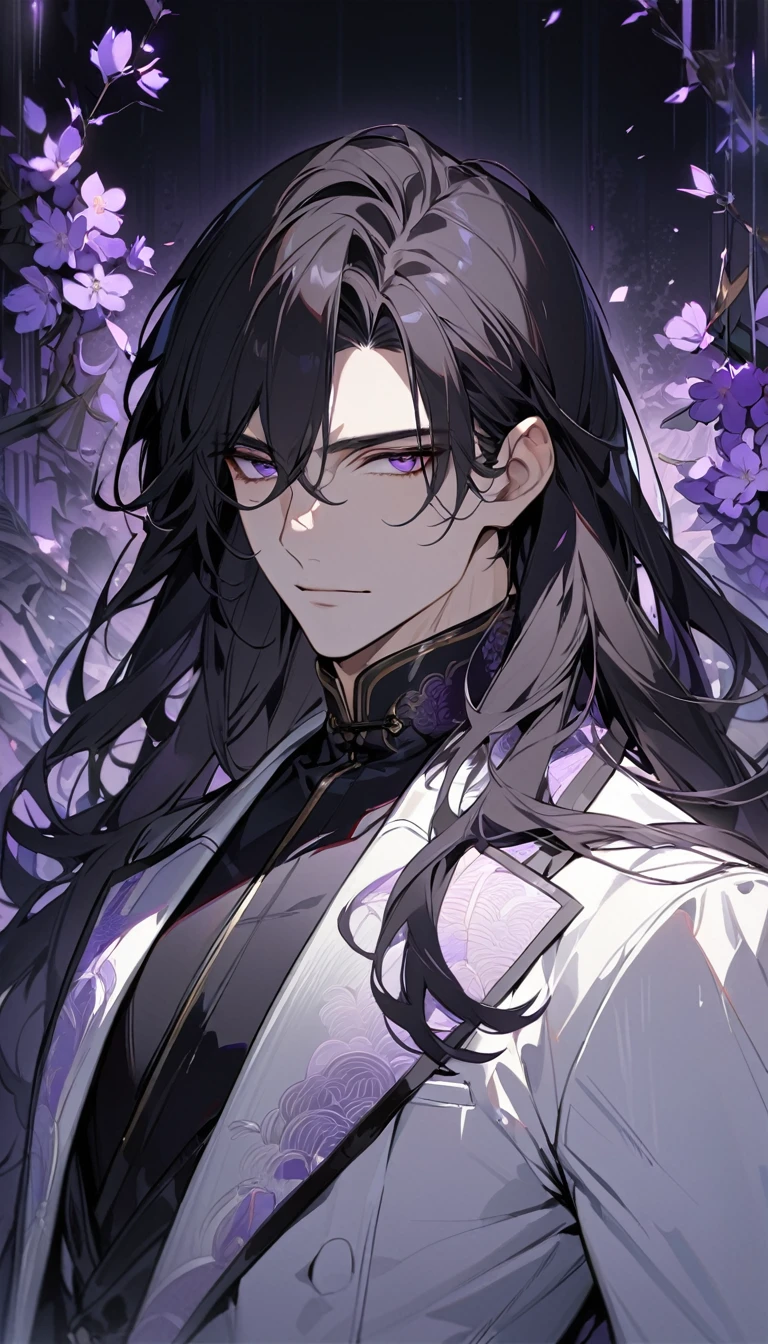 (masterpiece:1.5)，best quality，(1 Handsome and calm man)，alone，black hair，(long hair:1.5), (purple eyes), (cold and distant expression)，perfect face，Fantasy Chinese style，Long black trench coat，Purple cloth，Complex clothing design with Chinese elements，Black leather gloves，white lining，White suit pants，Slightly muscular body，High，8K，Beautiful contrast of light and shadow，purple flower，Dark luxury background，(complete upper body)，Positive face