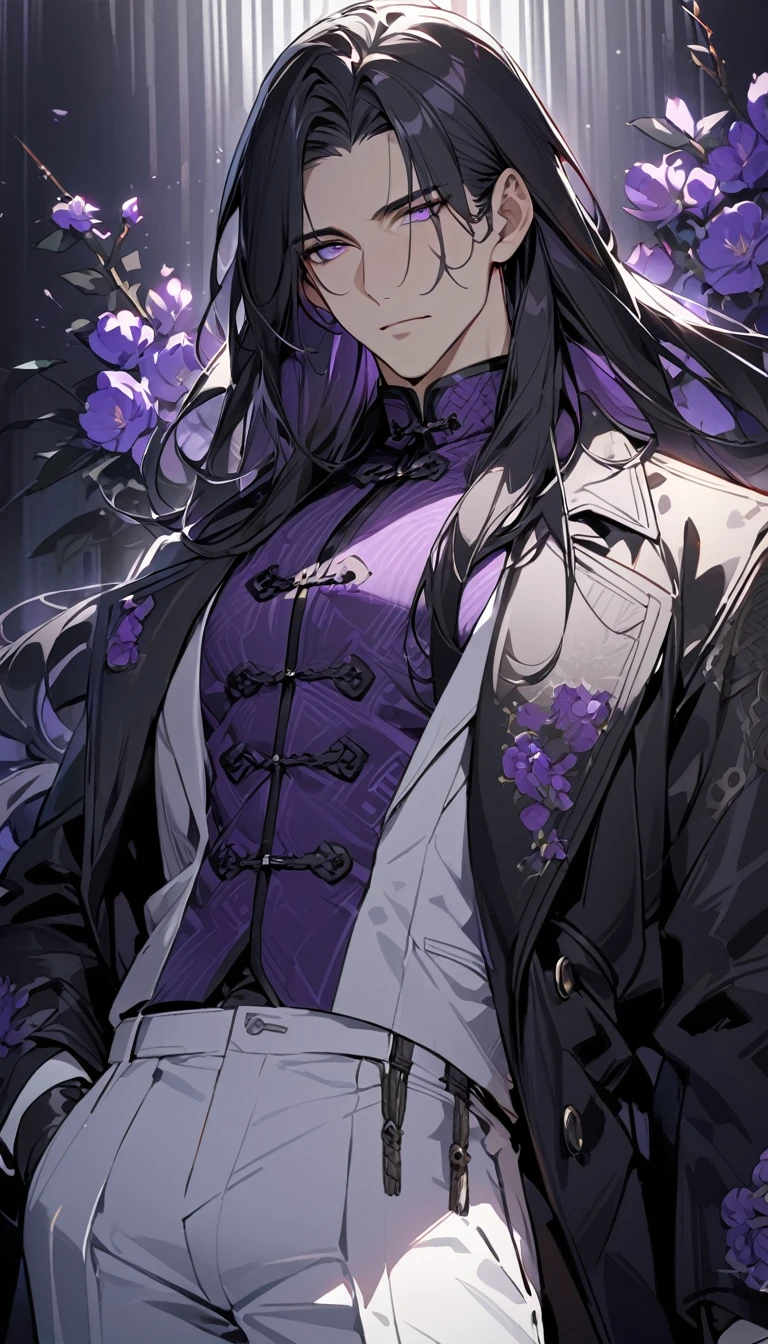(masterpiece:1.5),best quality,(1 Handsome and calm man),alone,black hair,(long hair:1.5), (purple eyes), (cold and distant expression),perfect face,Fantasy Chinese style,Long black trench coat,Purple cloth,Complex clothing design with Chinese elements,Black leather gloves,white lining,White suit pants,Slightly muscular body,High,8K,Beautiful contrast of light and shadow,purple flower,Dark luxury background,(complete upper body),Positive face