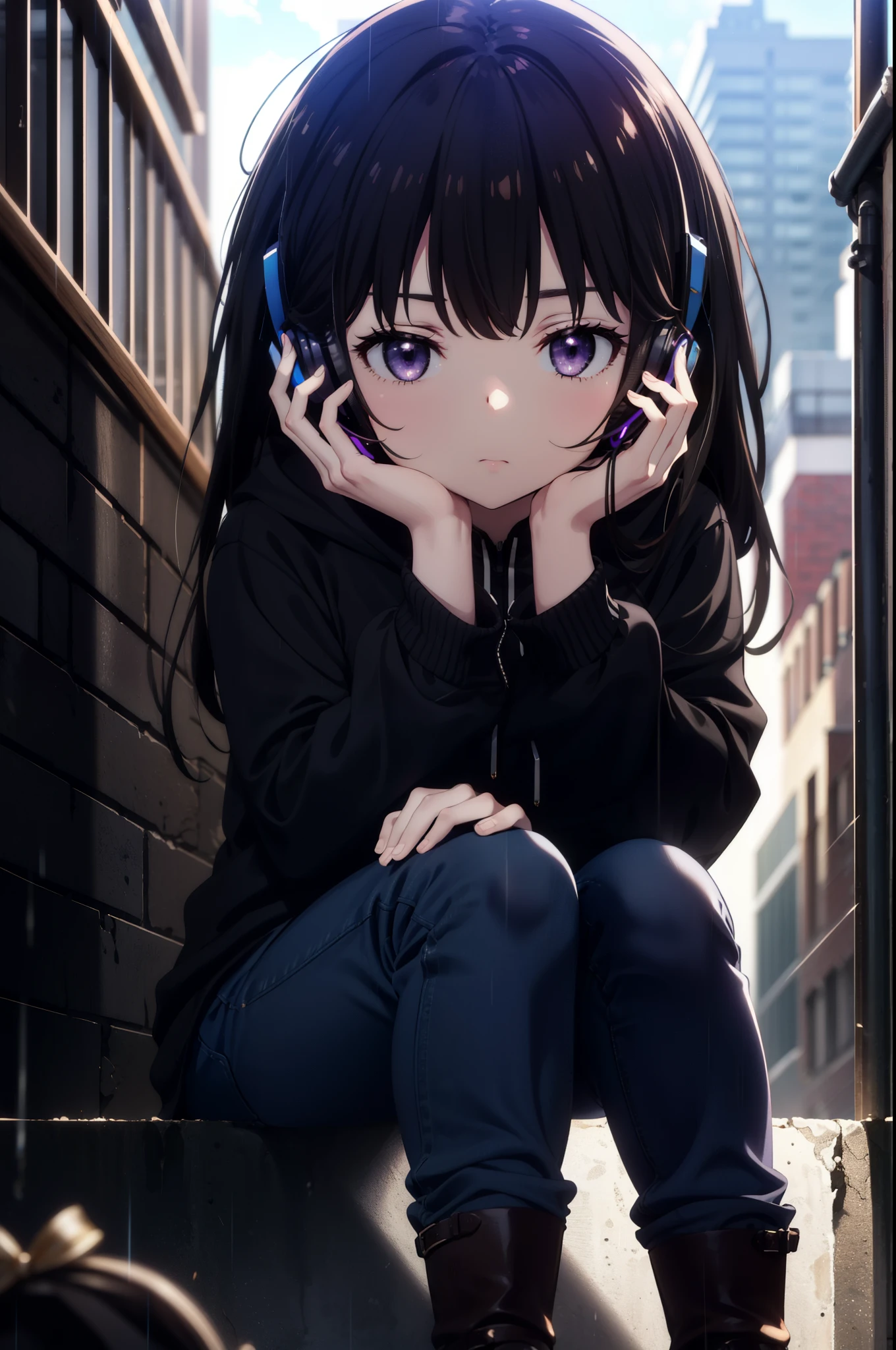 Takiuchikami, Check it out, Long Hair, bangs, Black Hair, (Purple eyes:1.2),Oversized blue hoodie,Wired headphones,jeans,short boots,Sitting on the steps of a building,Hiding in a roofed building,whole bodyがイラストに入るように,rain,cloudy,night,
break outdoors, Building district,
break looking at viewer, whole body,
break (masterpiece:1.2), Highest quality, High resolution, unity 8k wallpaper, (figure:0.8), (Beautiful attention to detail:1.6), Highly detailed face, Perfect lighting, Highly detailed CG, (Perfect hands, Perfect Anatomy),