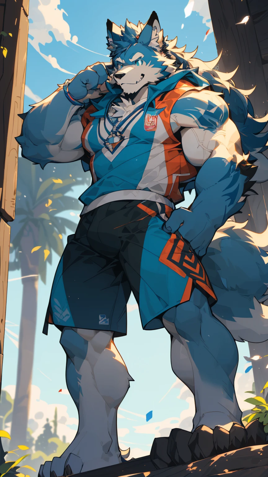 Sunlight,high resolution,4K,love,(((whole body))),masterpiece,high quality,Brave and bold,((Wolf)),male,((Strike a pose)),WolfFurry,(Middle-aged uncle),hairy,((charming,Smiling Face,Long hair)),((peaceful,Ease)),((strong,tall and big:1.3,thin long ears:1.2,Well-proportioned limbs:1.3,Wolf尾巴:1.3,Bigfoot,Meat pad:1.2,Crotch bulge:1.3)),(((Red and black sports shorts))),(((Green ears,Dark blue head,dark blue back,Dark blue limbs,White breast,White belly,Blue pupils))),charming脸庞,AttentiontoDetail,Detailed body,Detailed hands