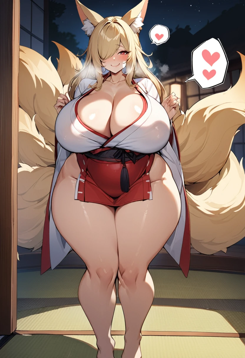 Highest quality、One girl, Mature Woman, Mature Woman, Japanese-style room、Tatami room、Sliding doors、Dark room、 plump, Voluptuous body,  Huge breasts, Saggy breasts, Wide Hips,  Miko costume, barefoot, Cleavage, Are standing, Blonde Nine Tails, smile, Short blonde, Red eyes, at night, 8K, masterpiece、milf、Fox Ears、Lantern、Sliding doorsを開けて迎え入れる、Sexy look、solo focus、spoken heart、(breast focus:1.1)、mature female、gleaming skin、naughty face、heavy breathing、One eye is covered by hair、hair over one eye 
