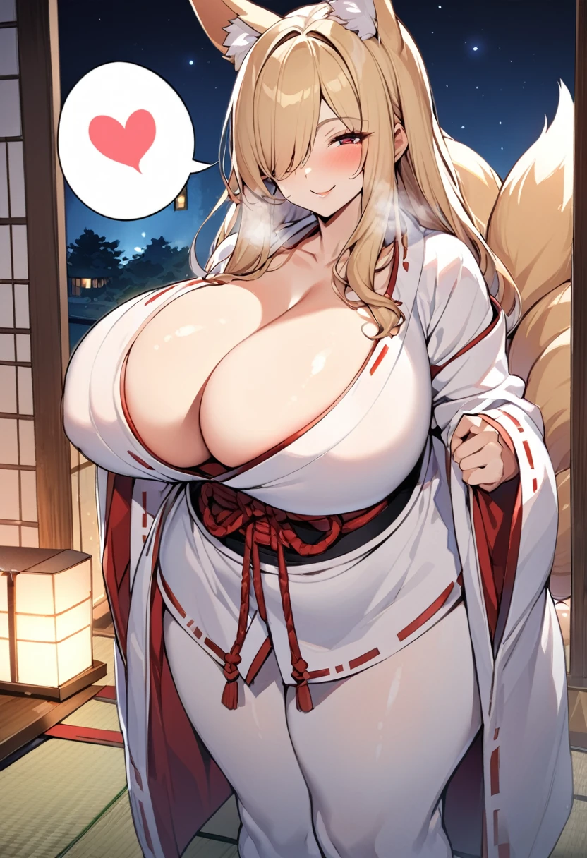 Highest quality、One girl, Mature Woman, Mature Woman, Japanese-style room、Tatami room、Sliding doors、Dark room、 plump, Voluptuous body,  Huge breasts, Saggy breasts, Wide Hips,  Miko costume, barefoot, Cleavage, Are standing, Blonde Nine Tails, smile, Short blonde, Red eyes, at night, 8K, masterpiece、milf、Fox Ears、Lantern、Sliding doorsを開けて迎え入れる、Sexy look、solo focus、spoken heart、(breast focus:1.1)、mature female、gleaming skin、naughty face、heavy breathing、One eye is covered by hair、hair over one eye 