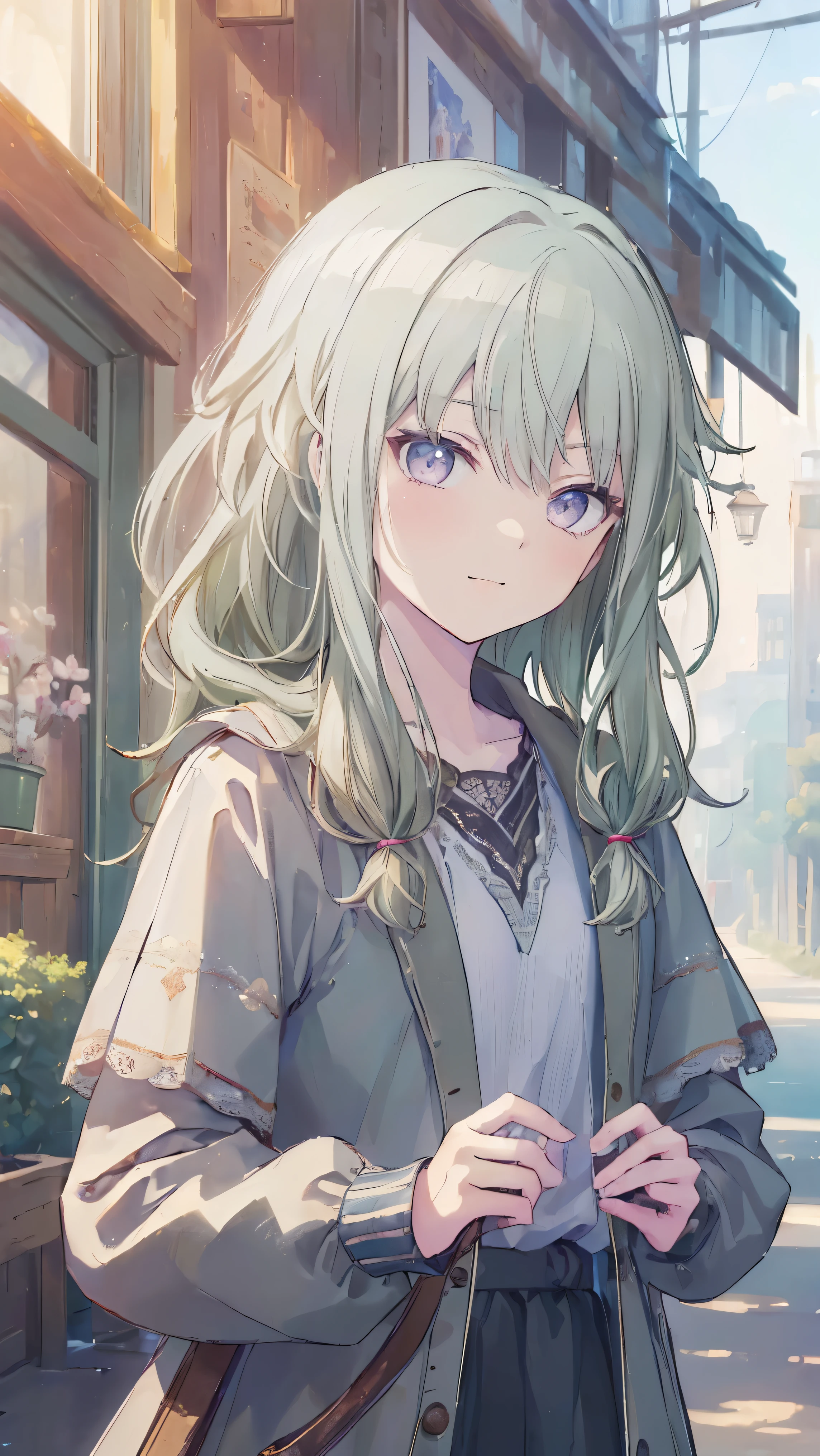 (masterpiece, Highest quality:1.6),Best image quality、Highest quality、Perfect lighting,masterpiece、(8K、masterpiece、Highest quality)、Best image quality、Chest close-up、During a walk、Outdoors、A smiling face towards me、The sense of distance as if you were walking next to me、light green hair color、Kusanagi Nin々、、profile
