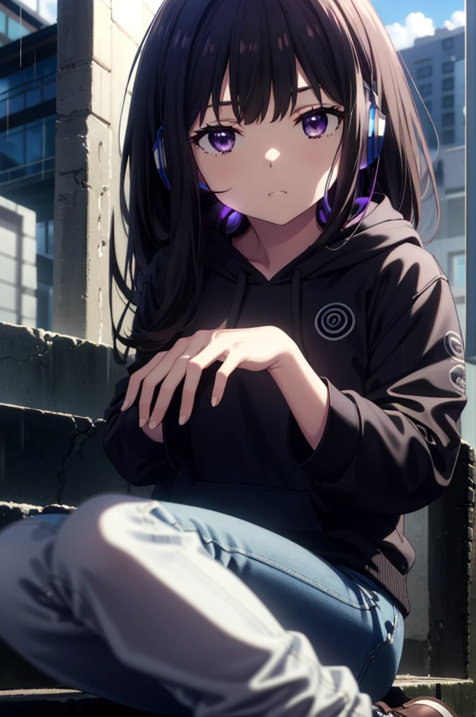 Takiuchikami, Check it out, Long Hair, bangs, Black Hair, (Purple eyes:1.2),Oversized blue hoodie,Wired headphones,jeans,short boots,Sitting on the steps of a building,Hiding in a roofed building,whole bodyがイラストに入るように,rain,cloudy,night,
break outdoors, Building district,
break looking at viewer, whole body,
break (masterpiece:1.2), Highest quality, High resolution, unity 8k wallpaper, (figure:0.8), (Beautiful attention to detail:1.6), Highly detailed face, Perfect lighting, Highly detailed CG, (Perfect hands, Perfect Anatomy),