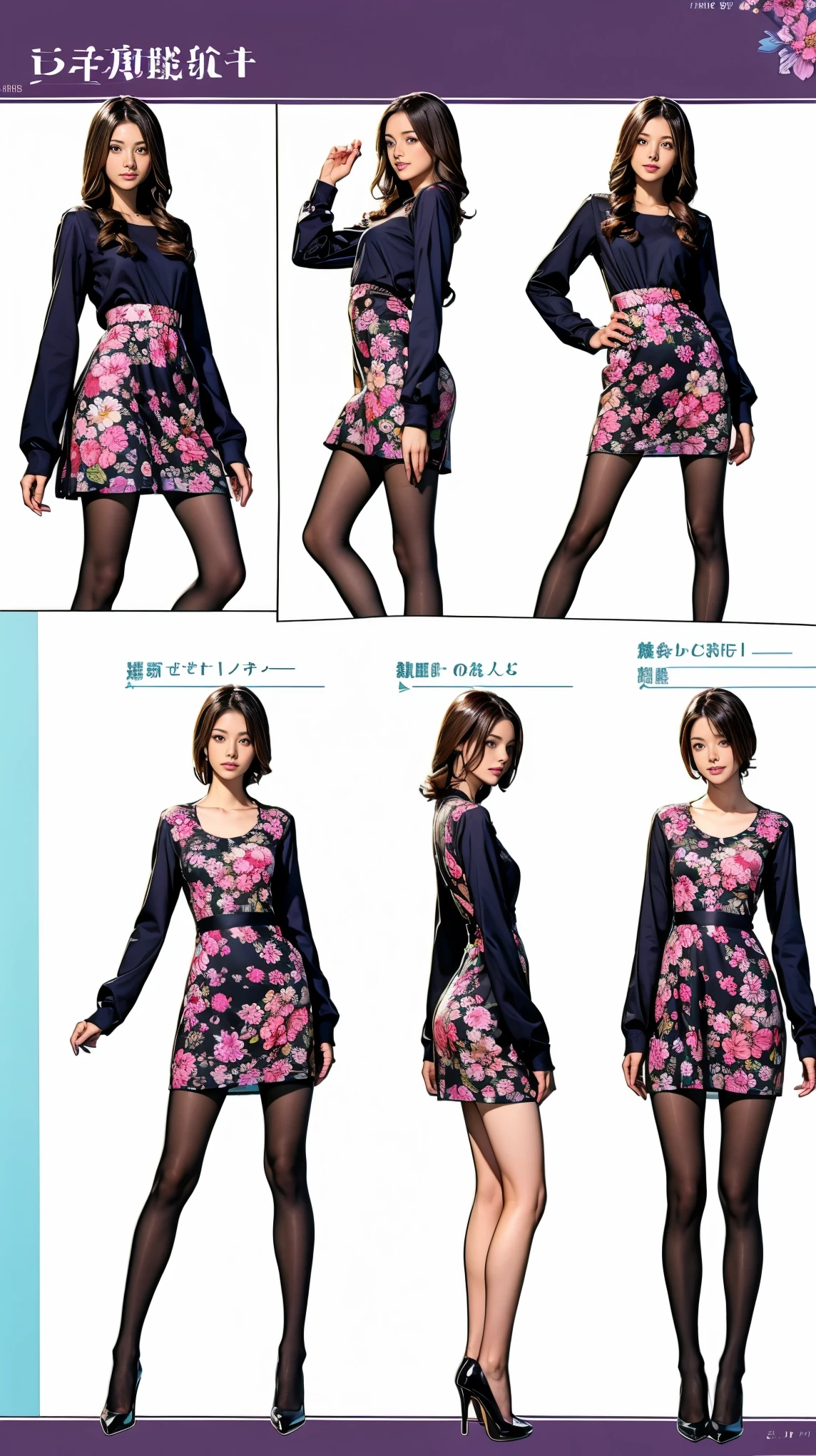 ((masterpiece)),(((Highest quality))),((Character design sheet)),Thin thighs,Long legs,whole body:1.5,(One Girl:1.3),(Black pantyhose and thick pointy heels:1.3),(Wearing a floral dress:1.2),
