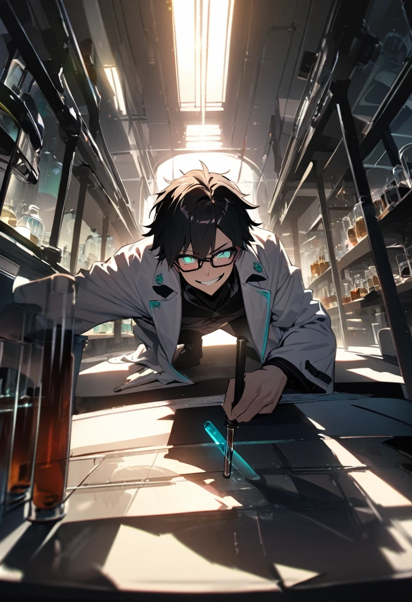 (masterpiece, best quality), solo, 1man, bishounen, mad scientist, scientist coat, glasses, lens flare, maniacal smile, sharp eyes, glowing eyes, holding test tube, top-down perspective, in laboratory, dark shadows, contrast, backlight