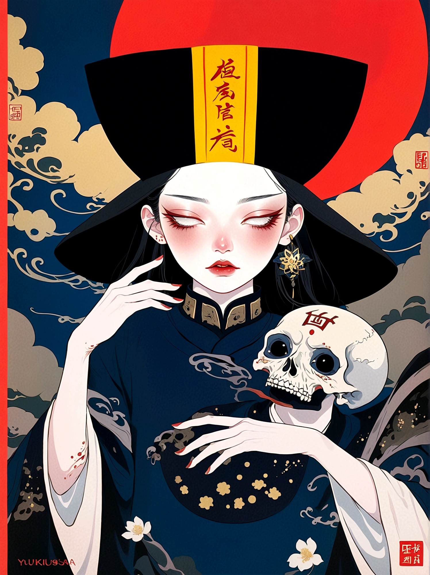Qing Dynasty Zombie Portraits,The hat has runes on it,Japanese horror style Japanese pop surrealism, author:Yukika Kosaka, Nguyen Gia and Joao Nguyen,