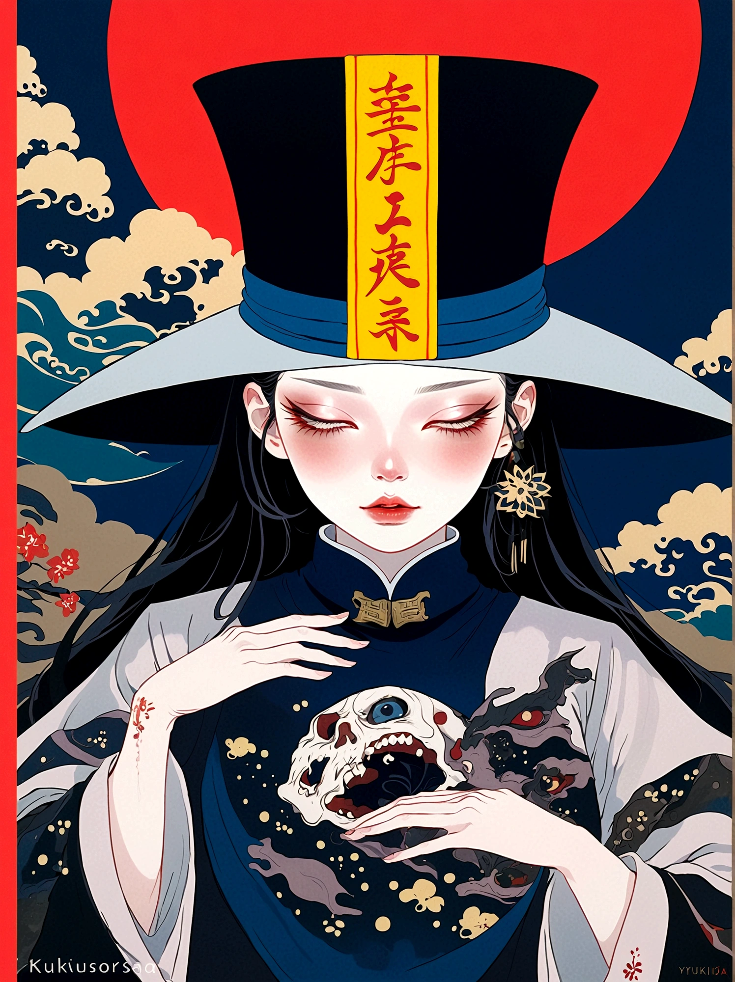 Qing Dynasty Zombie Portraits,The hat has runes on it,Japanese horror style Japanese pop surrealism, author:Yukika Kosaka, Nguyen Gia and Joao Nguyen,