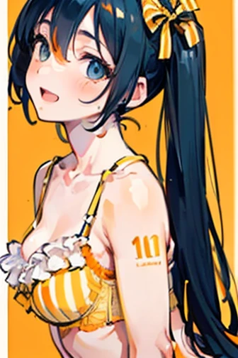 crotch,between legs ,smile,open mouth,pleasure,blush,embarrassed,(((low angle))),(best quality, 8k, masterpiece:1.2, nsfw,ultra-detailed,realistic,photorealistic,anime,Soft lighting,Bokeh), hatsune miku\(vocaloid\),1girl,Anime-like beautiful girl,silky smooth and very beautiful skin,very beautiful embarrassed face,Ordinary chest, 5headed body,Skinny type,Not muscular,5This refers to,Manicure is cherry colored, break, Perfectly beautiful figure,Height 162cm,Bust 87cm,Waist 56cm,Hip 85cm, blue eyes, girl, very long twintail hair, black eyes, long twintail hair, solo, (bangs, black hair, shining hair, black hair, ),official alternate costume, (((open black sailor ,lift skirt,sexy cute underwear))), hair ornament, collarbone, (((casual underwear), (((white and orange_yellow vertical vertical Striped underwear:1.4))),(((ribbon_trimmed pantie,frilled orange bra))).