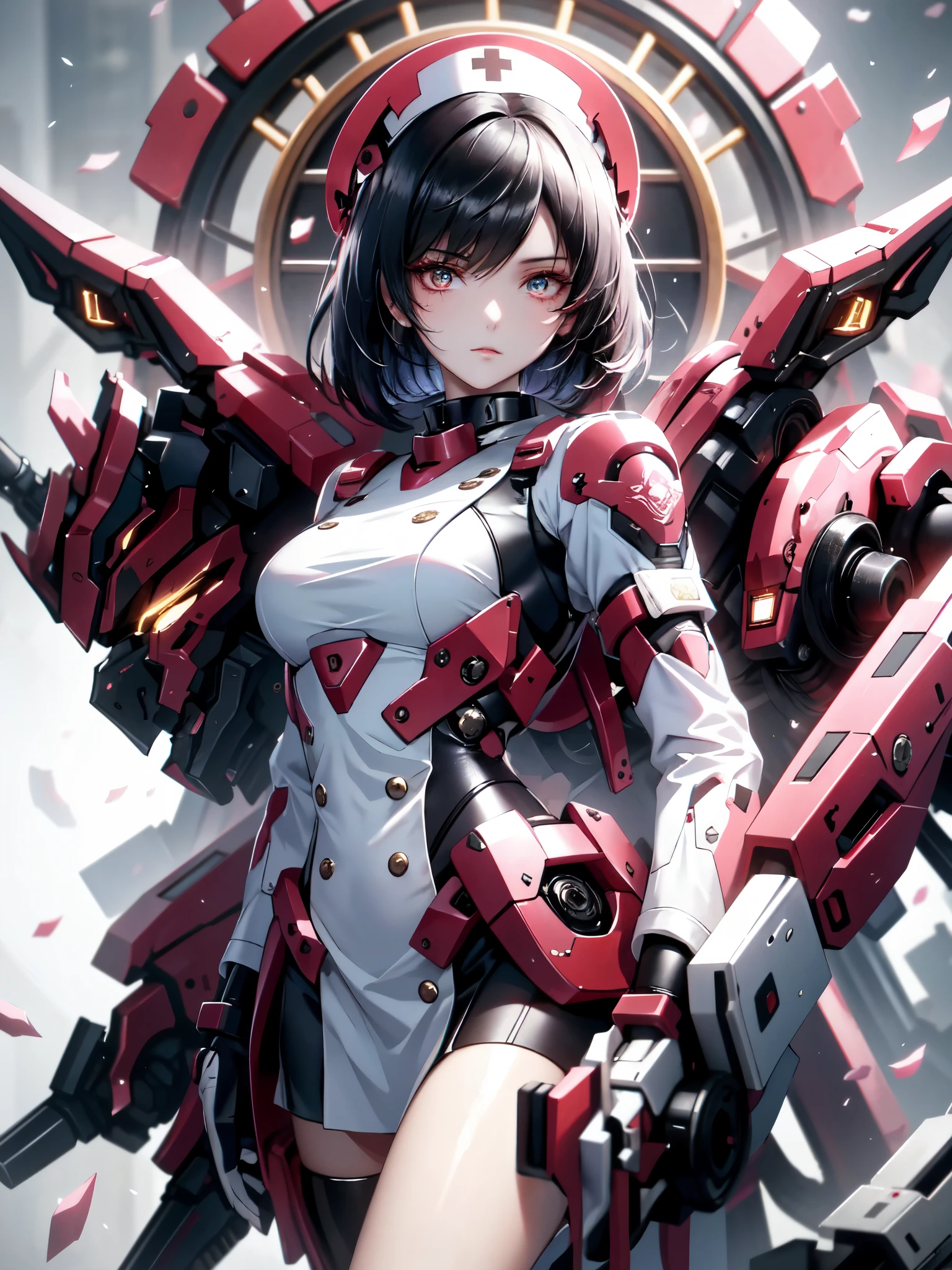 With machine gun, Yorime, Ahegaovery / Sexual Ecstasy), black hair, bob cut, black and red nurse uniform, straight hair, nurse costume, (masterpiece: 1.2, highest quality), (beautiful eyes of detail: 1.2), (detailed background, dark fantasy), (beautiful detailed face), high contrast, (best lighting, very delicate and beautiful), (( cinematic light)), colorful, hyper-detailed, dramatic light, intricate detail, pigeon toe