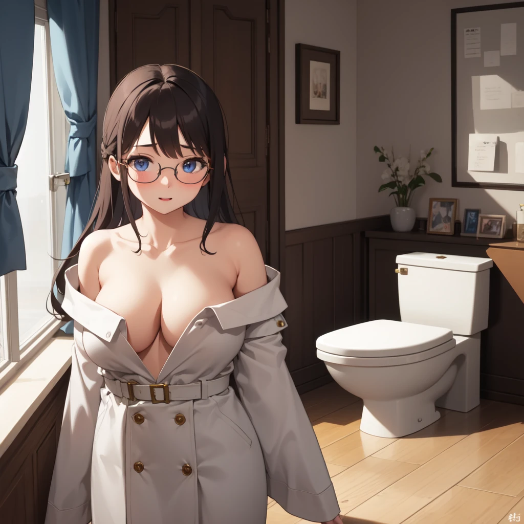 Highest quality、Ultra-high resolution、Fantasy、roleplaying game、Naked busty girl with no clothes on posing embarrassed on the floor、Inside the toilet、Glasses