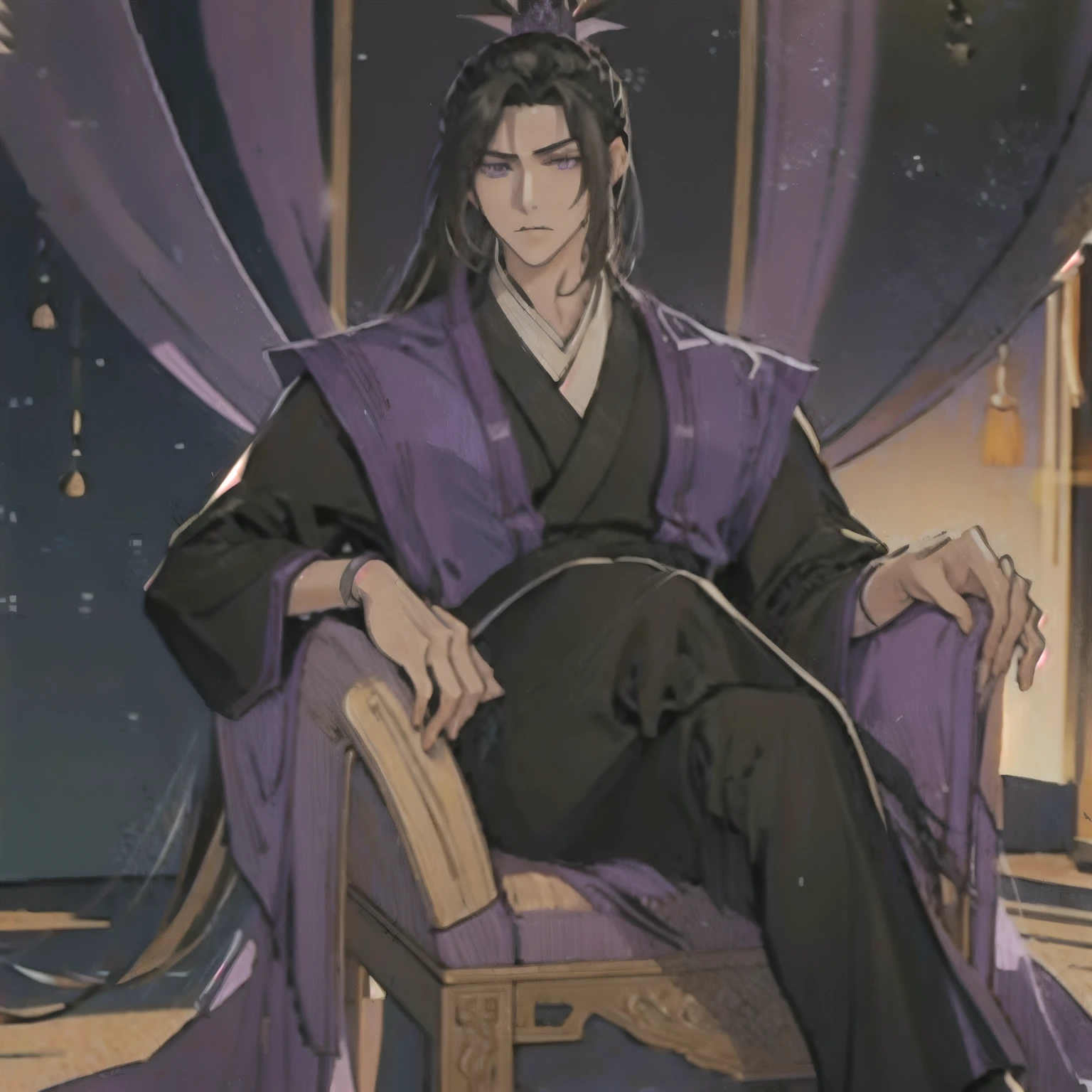 (masterpiece, best quality:1.2), 1male, solo, jiang cheng, mo dao zu shi, mdzs, purple and black clothes, purple eyes, long black hair, perfect anatomy, sitting chinese room