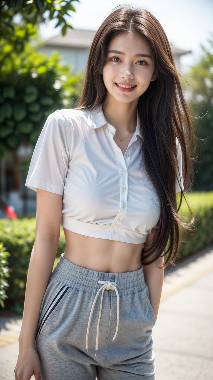 Best image quality、masterpiece、Ultra-high resolution、Raw photo、(Photorealistic:1.4)、One girl、Detailed face、Cowboy Shot、(White shirt with blue collar、Black sweatpants) (Big breasts and small waist:1.2)、Long, messy hair、Bokeh、Beautiful lighting、Model pose、Korean Idol、Age 19、Small breasts、(Laughter)、