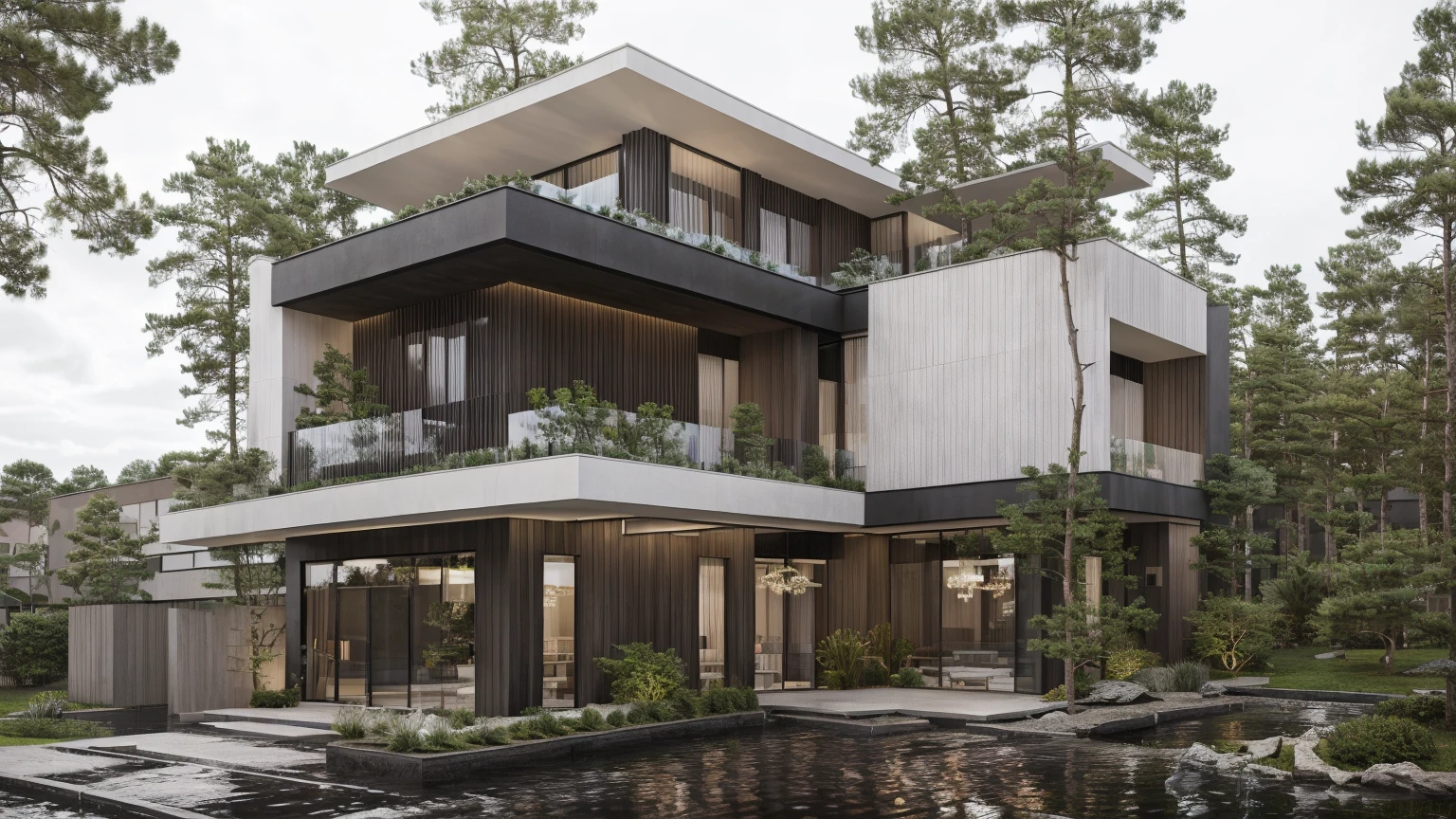 a rendering of a modern house with a balcony and a balcony, exterior design, contemporary house, inter dimensional villa, large modern residence, frontview, residential design, neotraditional modern, architectural concept, concept house, front elevation view, architectural rendering, realistic architecture, wide angle exterior 2022, front view dramatic, all white render, realistic concept, sunlight