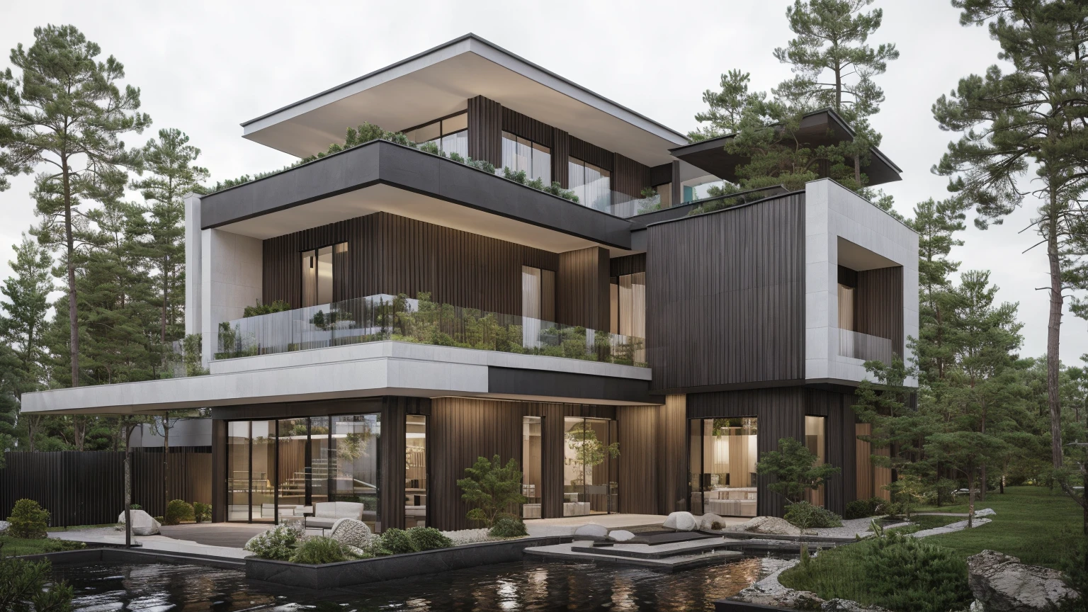 a rendering of a modern house with a balcony and a balcony, exterior design, contemporary house, inter dimensional villa, large modern residence, frontview, residential design, neotraditional modern, architectural concept, concept house, front elevation view, architectural rendering, realistic architecture, wide angle exterior 2022, front view dramatic, all white render, realistic concept, sunlight