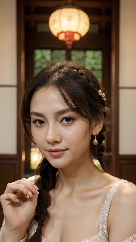 Masterpiece, better, evening, full moon, 1 female, mature woman, Chinese style, Ancient China, Older sister, Royal Sister, SMILE, dark brown hair, dark hair, princess cut, braid, Curly hair, double ball head, pale pink lips, calm, Intellectual, medium hair, green pupils, Fork, hydrangea, delicate face, closeup of face, Closeup of hand
