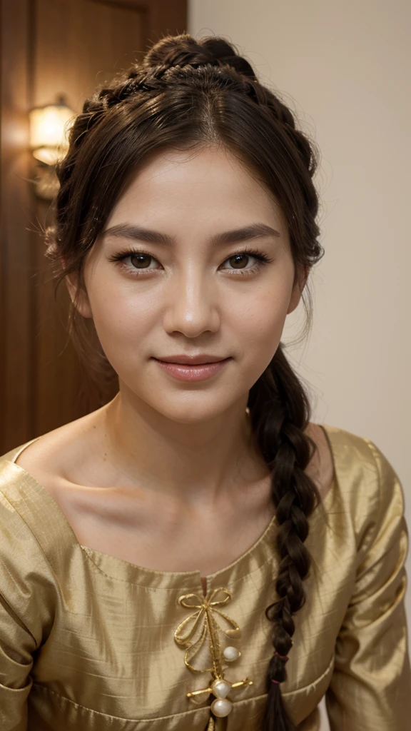 Masterpiece, better, evening, full moon, 1 female, mature woman, Chinese style, Ancient China, Older sister, Royal Sister, SMILE, dark brown hair, dark hair, princess cut, braid, Curly hair, double ball head, pale pink lips, calm, Intellectual, medium hair, green pupils, Fork, hydrangea, delicate face, closeup of face, Closeup of hand