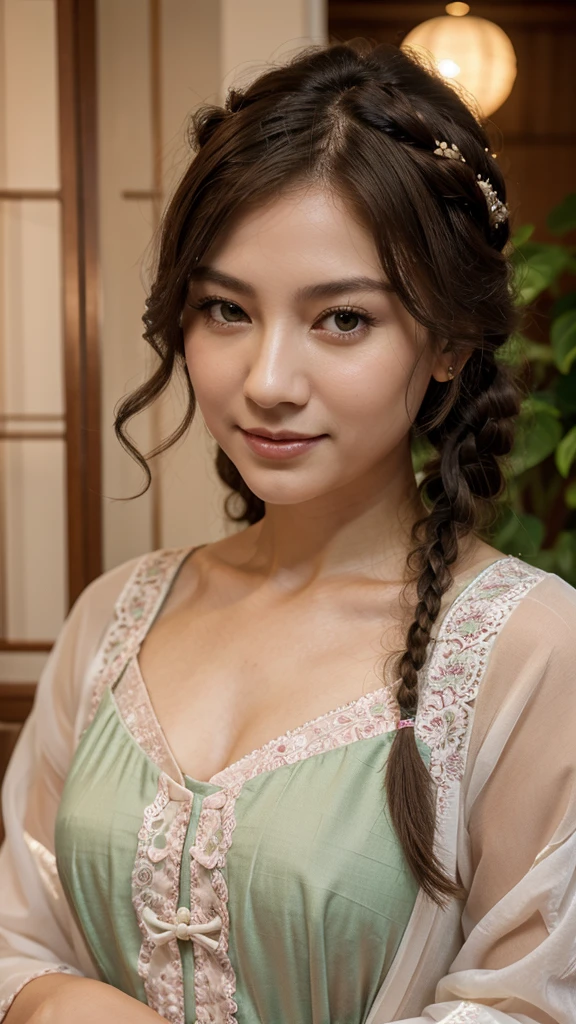 Masterpiece, better, evening, full moon, 1 female, woman, Chinese style, Ancient China, Older sister, Royal Sister, SMILE, dark brown hair, dark hair, princess cut, braid, Curly hair, double ball head, pale pink lips, calm, Intellectual, medium hair, green pupils, Fork, hydrangea, delicate face, closeup of face, Closeup of hand
