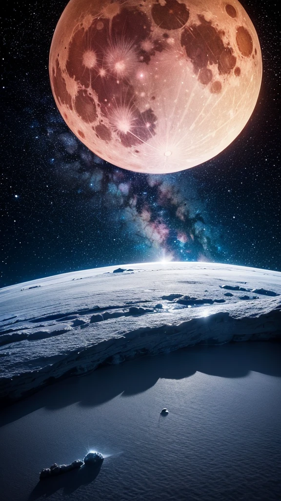 (16K, Ultra high quality, QHD+), super small moon, snow mountain, star, galaxy, stars, clouds, sea, moonlight, beautiful scene, night scene