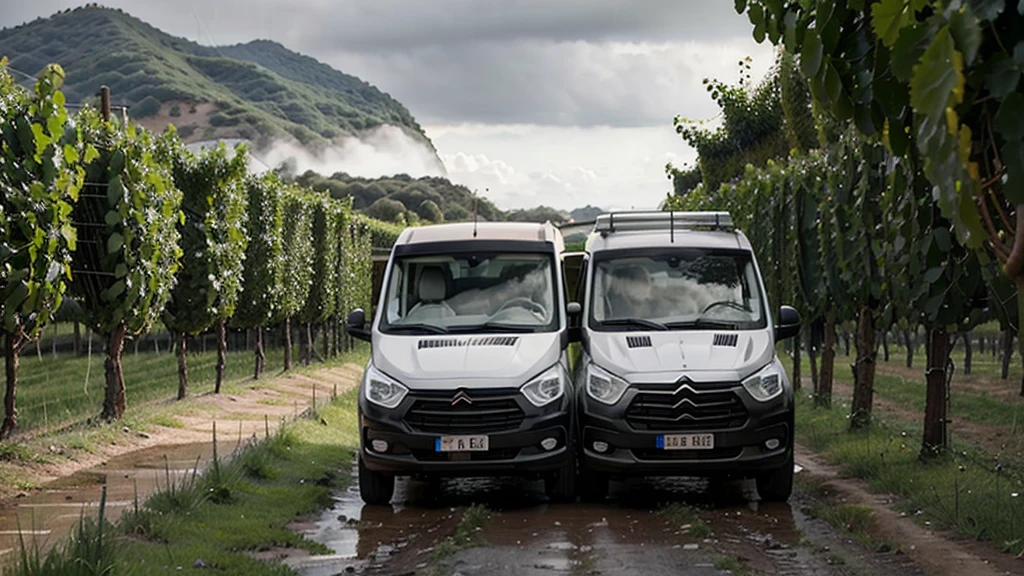 dirt road, in the vineyards, between the vines, the vines are small, rainy weather, two men, a white L2 H2 van, Fourgon L2 H2, citroên jumper,